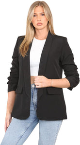 Black Ruched Sleeve Blazer For Women M - Dropwear